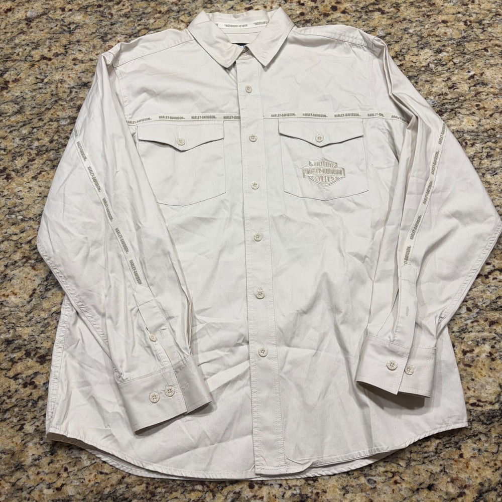 Harley-Davidson Mens Beige Long Sleeve Button Up Logo Work Shirt Large ws